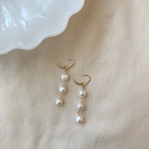 Bridal Pearl Drop Earrings, 14K Gold Filled or 925 Sterling Silver Earrings, Pearl Dangle Earrings, Three Pearl Earrings, Wedding Jewelry image 5