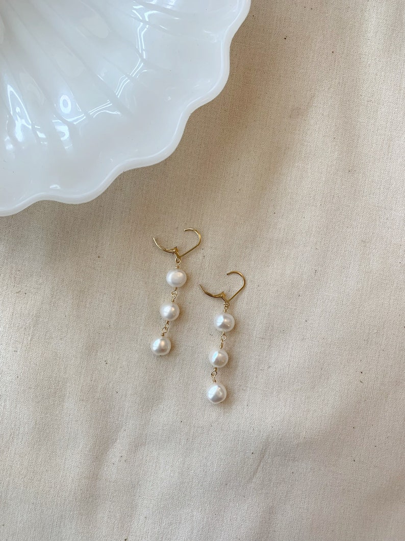 Bridal Pearl Drop Earrings, 14K Gold Filled or 925 Sterling Silver Earrings, Pearl Dangle Earrings, Three Pearl Earrings, Wedding Jewelry image 5