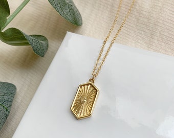 Golden Hexagon Necklace, 14K Gold Filled Geometric Necklace, Layering Necklace, Sunburst Pendant, Minimalist Gift for Friend, Gifts for Her