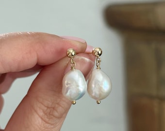 Large Baroque Pearl Drop Stud Earrings, 14K Gold Filled Dangly Freshwater Pearl Earrings, Pearl Bride Earrings, Wedding Jewelry