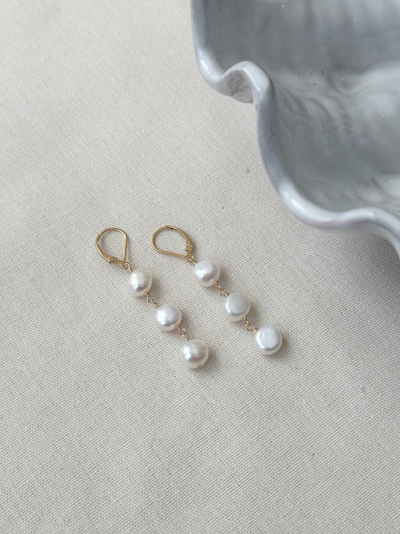 Bridal Pearl Drop Earrings, 14K Gold Filled or 925 Sterling Silver Earrings, Pearl Dangle Earrings, Three Pearl Earrings, Wedding Jewelry image 4