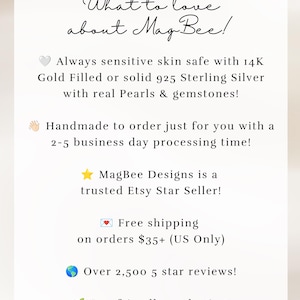 May include: A white rectangular information card with black text titled What to love about MagBee! It lists features including 14K Gold Filled or 925 Sterling Silver materials, handmade production, Etsy Star Seller status, and eco-friendly packaging.