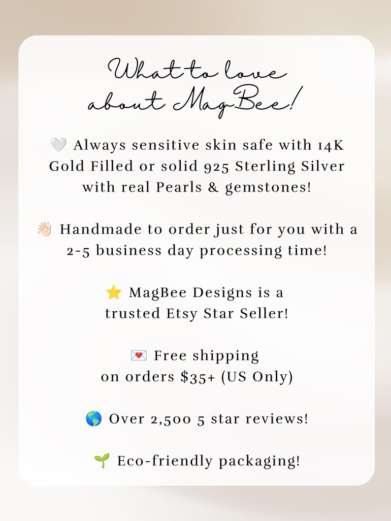 May include: A white rectangular information card with black text titled What to love about MagBee! It lists features including 14K Gold Filled or 925 Sterling Silver materials, handmade production, Etsy Star Seller status, and eco-friendly packaging.