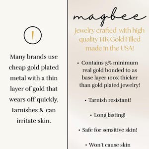 May include: An informational graphic for magbee jewelry featuring text about 14K Gold Filled products. It contrasts cheap gold plated metal with 14K Gold Filled, noting it contains 5% real gold, is tarnish resistant, long lasting, and safe for sensitive skin.