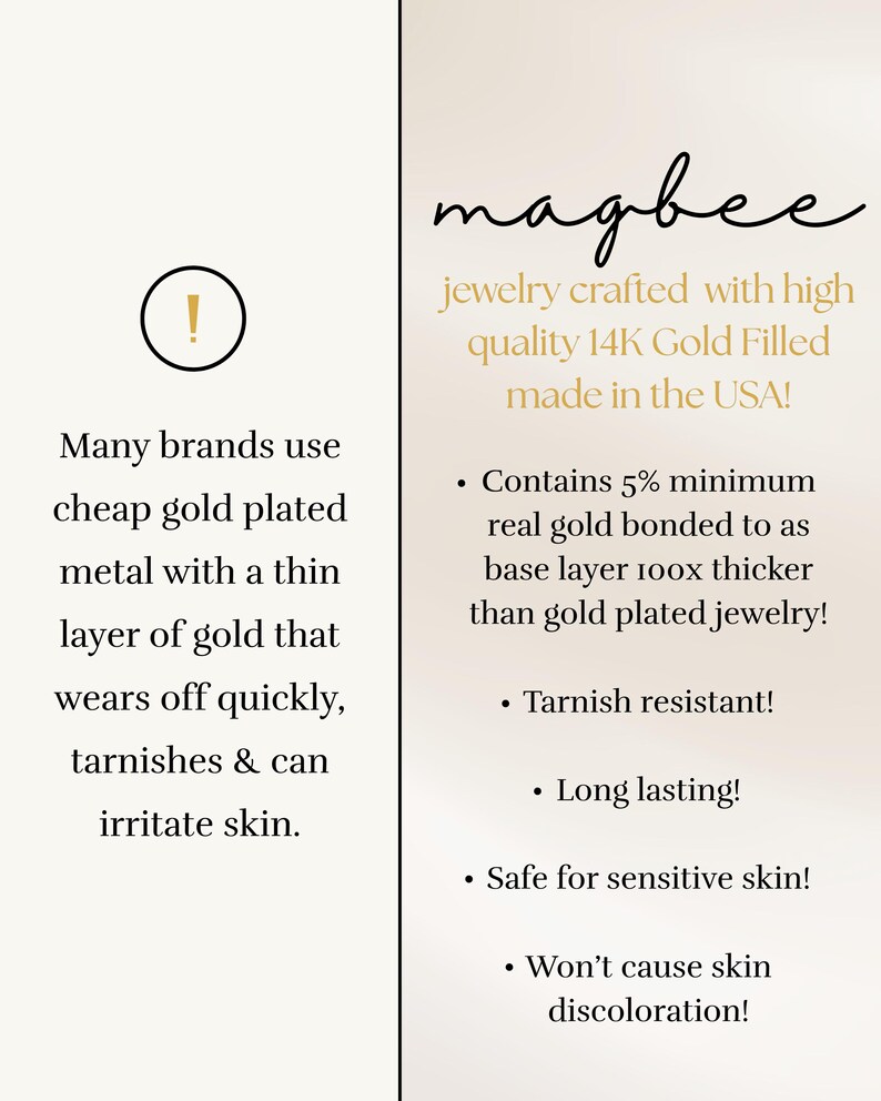 May include: An informational graphic for magbee jewelry featuring text about 14K Gold Filled products. It contrasts cheap gold plated metal with 14K Gold Filled, noting it contains 5% real gold, is tarnish resistant, long lasting, and safe for sensitive skin.