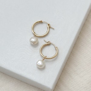 Baroque Pearl Hoop Earrings, 14kt Gold Filled Hoop Earrings, Simple Gold Hoops, Pearl Charm Earrings, Minimalist Earrings, Gifts for Women