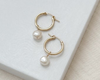 Baroque Pearl Hoop Earrings, 14kt Gold Filled Hoop Earrings, Simple Gold Hoops, Pearl Charm Earrings, Minimalist Earrings, Gifts for Women