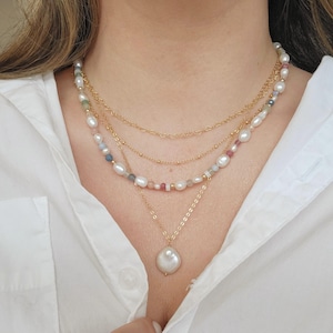 Colorful Gemstone Pearl Necklace, 14K Gold Filled Freshwater Pearl Rainbow Necklace, Multicolor Pastels Beaded Necklace, Gifts for Women