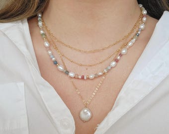 Colorful Gemstone Pearl Necklace, 14K Gold Filled Freshwater Pearl Rainbow Necklace, Multicolor Pastels Beaded Necklace, Gifts for Women