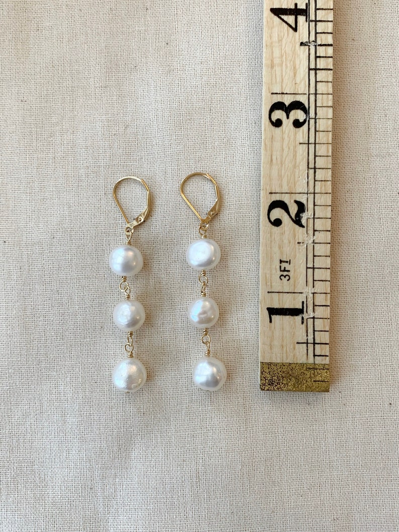 Bridal Pearl Drop Earrings, 14K Gold Filled or 925 Sterling Silver Earrings, Pearl Dangle Earrings, Three Pearl Earrings, Wedding Jewelry image 7