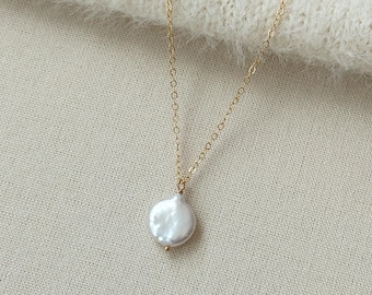 Baroque Coin Pearl Necklace, 14K Gold Filled Flat Pearl Necklace, Single Pearl Pendant Necklace, Pearl Bridal Necklace, Wedding Jewelry