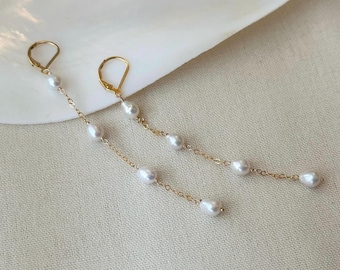Long Baroque Pearl Earrings, 14kt Gold Filled Pearl Drop Earrings, Elegant Wedding Earrings, Dangly Bridal Earrings, Gifts for Her