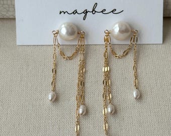 Süßwasserperle Tropfen Ketten Ohrringe, 14K Gold Filled Ohrstecker, Perle Statement Ohrringe, Zarte Hochzeitsohrringe, Brautohrringe