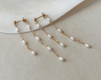 Doppelstrang Mini Perlen Ohrringe, 14K Gold Fill oder 925 Sterling Silber Süßwasser Perle Tropfen Ohrringe, Hochzeitsschmuck