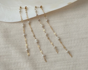 Elegant Long Pearl Earrings, 14K Gold Filled Pearl Chain Earrings, Delicate Earrings, Freshwater Pearl Earrings, Seed Pearl Wedding Earrings