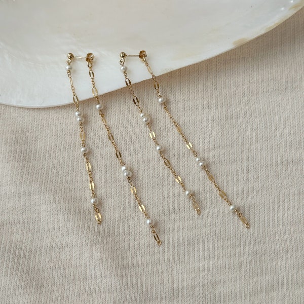 Elegant Long Pearl Earrings, 14K Gold Filled Pearl Chain Earrings, Delicate Earrings, Freshwater Pearl Earrings, Seed Pearl Wedding Earrings