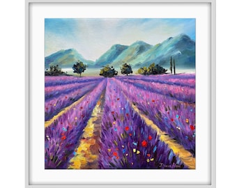 Pintura al óleo de un campo de lavanda toscano: paisaje europeo original