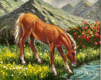 Pferd Malerei Tier Original Kunst Berg Landschaft pastos Ölgemälde Rocky Mountain Wand Kunst handbemalt 10 von 10 von DianaPigniArt