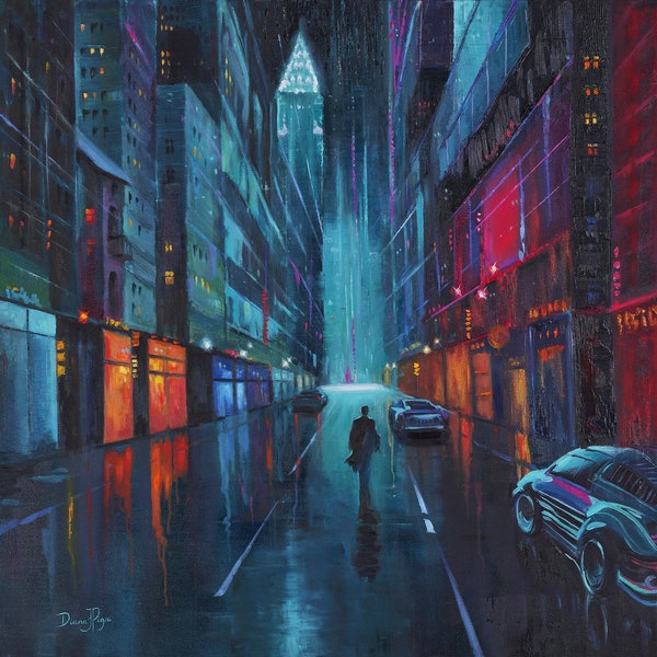 New York Painting Cyberpunk Print on Canvas from Original Art Futuristic Neon Cityscape Urban City Art Large Canvas Print by DianaPigniArt