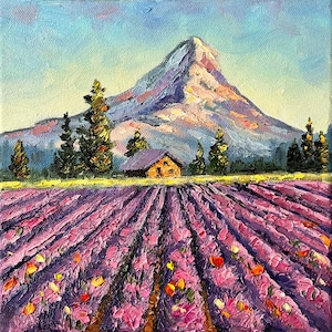 Mount Hood Painting Lavender Fields Original Art 8&quot; Oregon Impasto Oil Painting Portland Lavender Valley Farm Landscape Art by DianaPigniArt