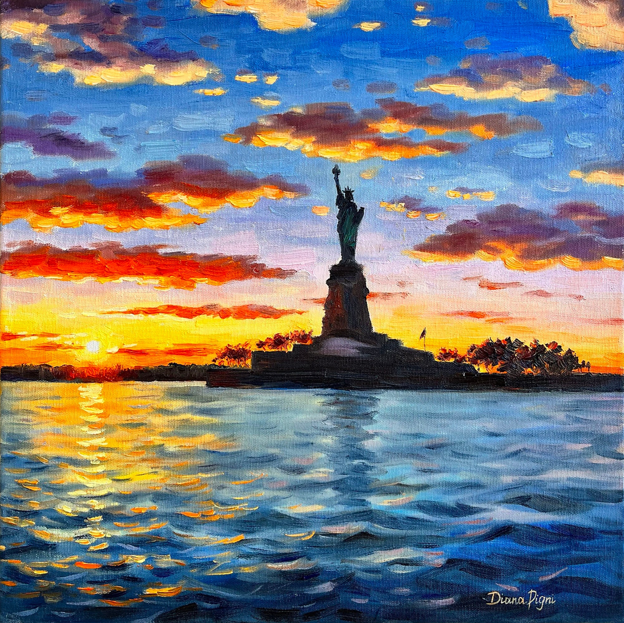 Statue of Liberty Painting: Original NYC Skyline Art, Sunset