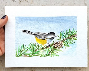 Chickadee Painting Bird Original Art Miniature Painting Watercolor Art 6 by 8" by LauraPigni