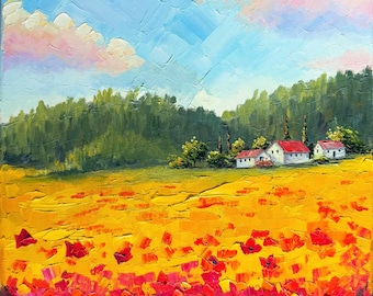 Toscane-schilderij met klaprozen: origineel Impasto-olielandschap, 30 cm