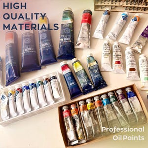 May include: A collection of various professional oil paint tubes in assorted colors and sizes, including brands like Lefranc Bourgeois and Winsor & Newton, arranged on a surface with text reading HIGH QUALITY MATERIALS and Professional Oil Paints.