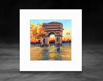 パリ凱旋門の絵画：ミニ油絵、金箔額入り都市風景画、2x2 - Etsy 日本