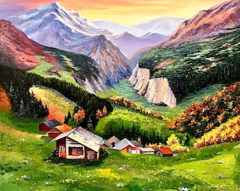 スイスの山の風景油絵：オリジナルインパストアート（40インチ