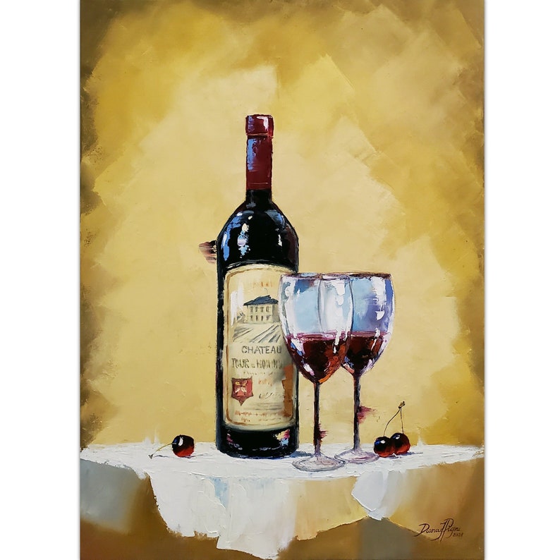 Wine Painting Bottle Original Art Wine Glass Impasto Painting Etsy