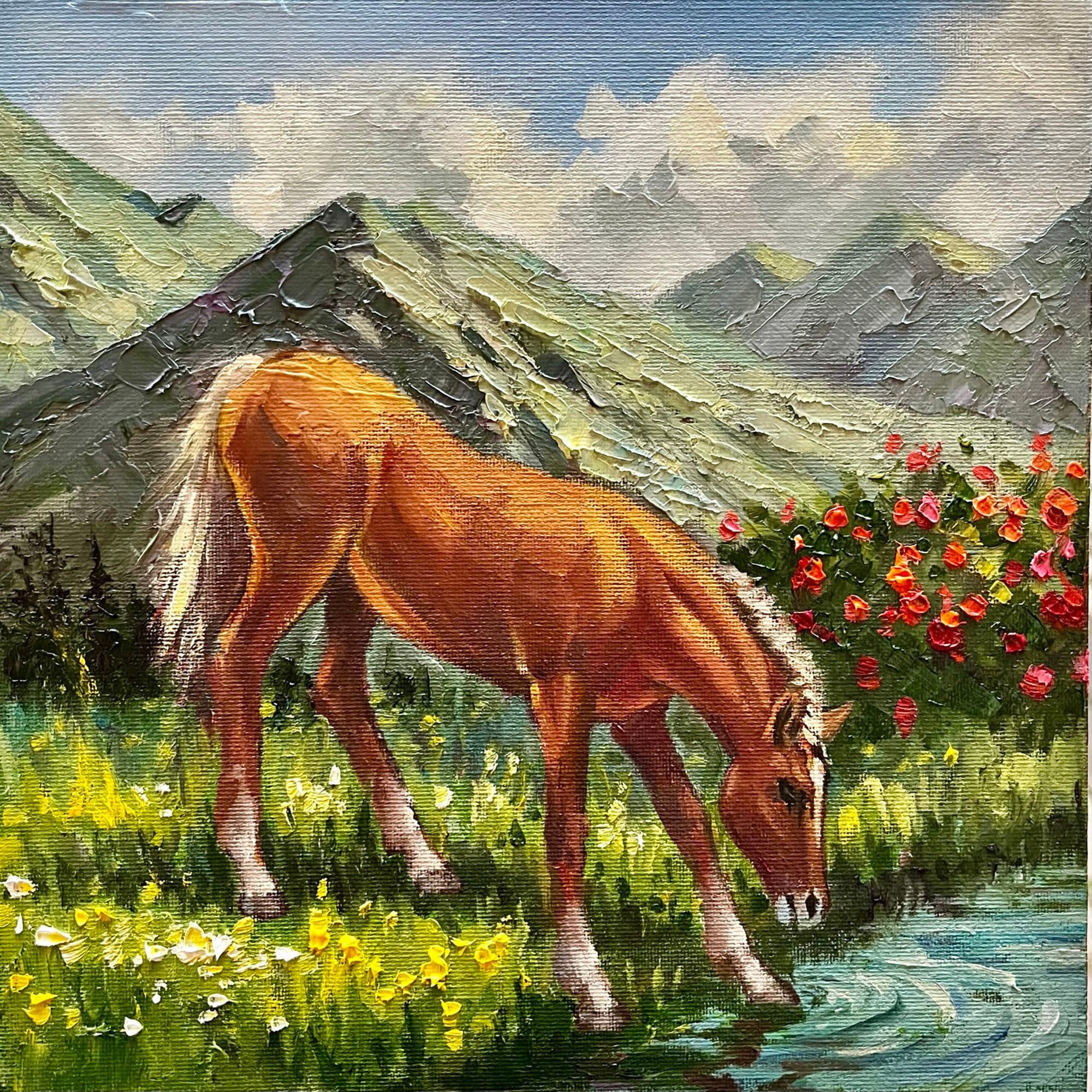 Impasto Horse Oil Painting: Rocky Mountain Landscape Art (10x10