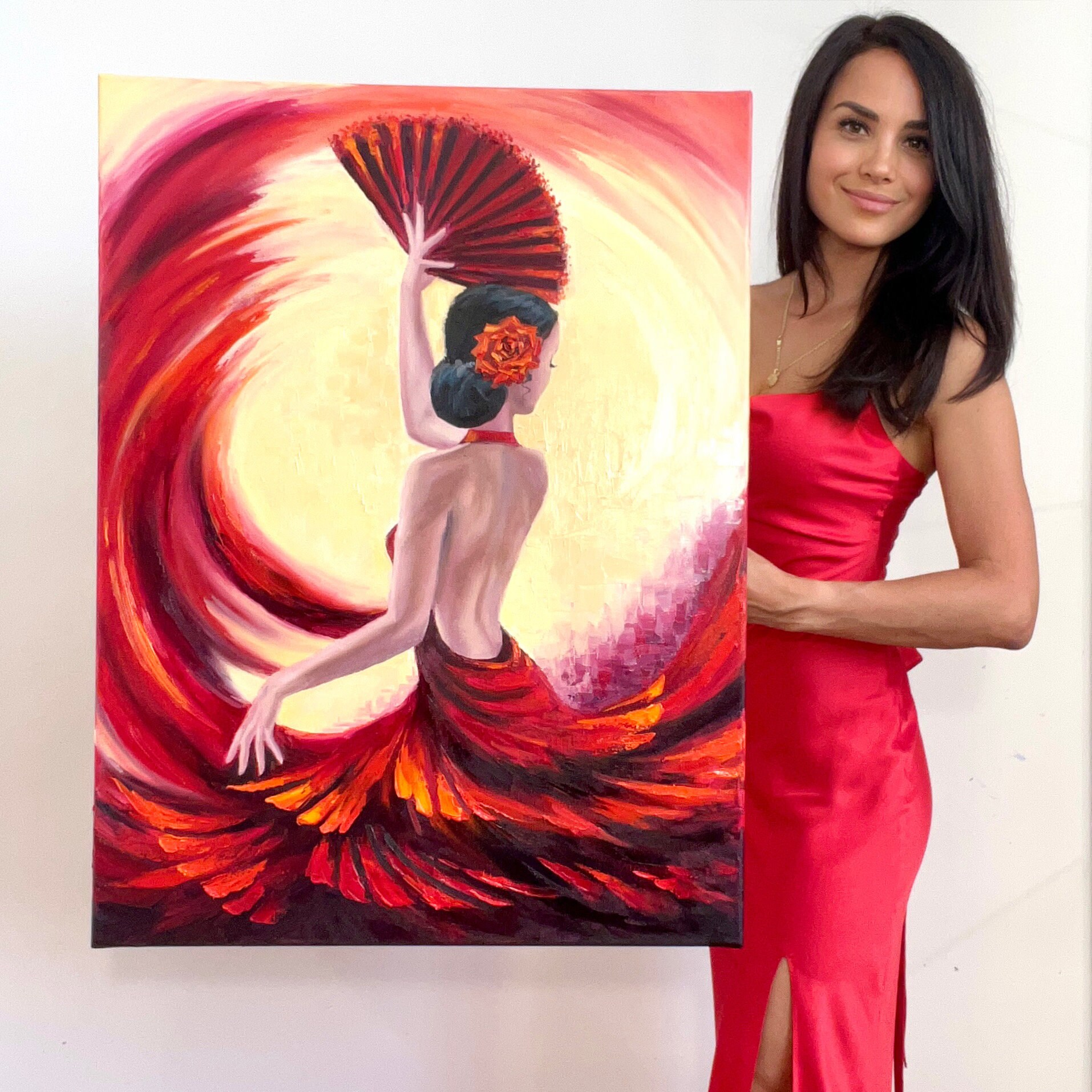 フラメンコダンサーの油絵：キャンバスに描かれたインパストの