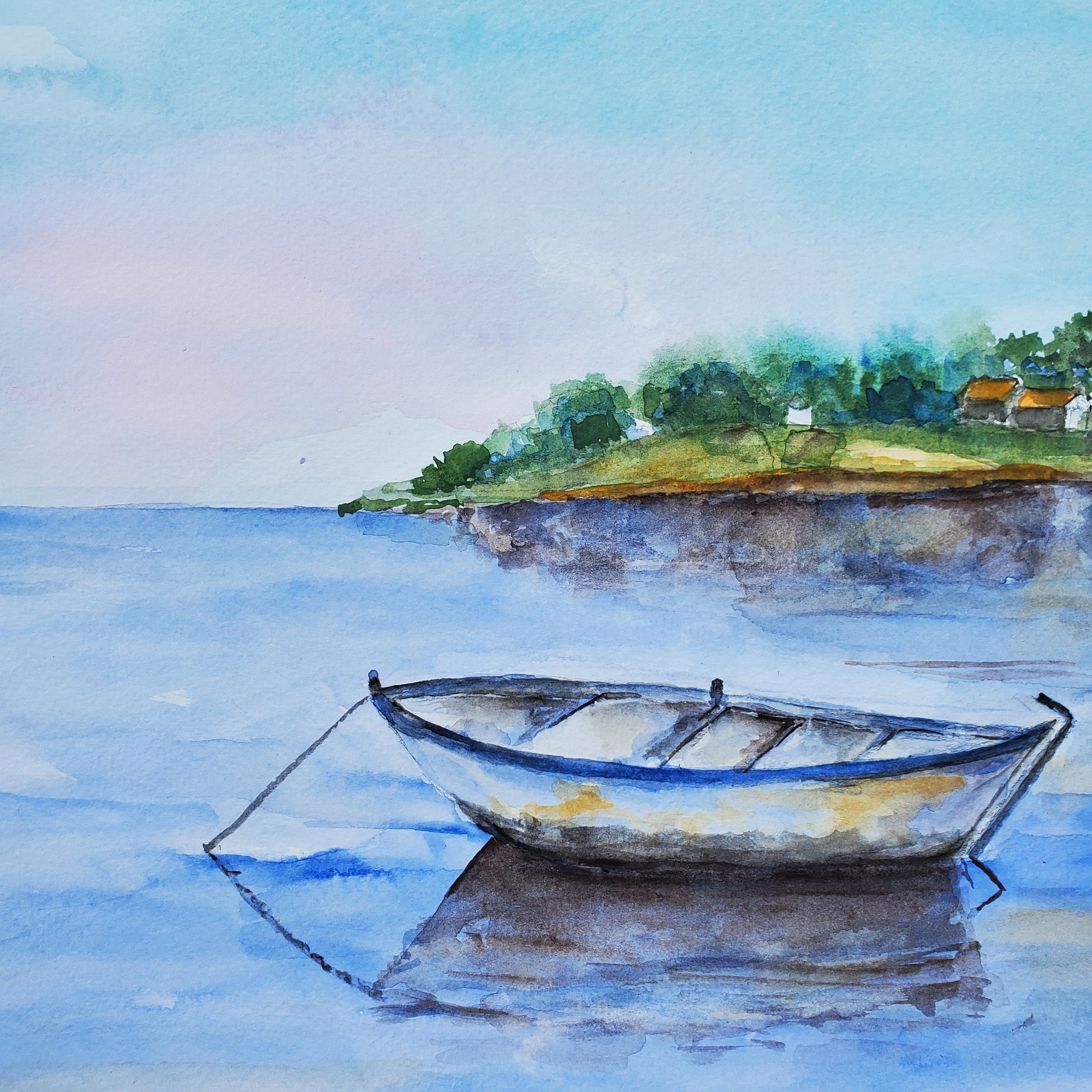 Boat Painting Lake Original Watercolor Art Cottage Painting Etsy