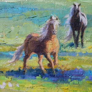 May include: An oil painting on canvas featuring two horses in a field. One brown horse with a light mane is in the foreground, while a darker horse stands behind it. The scene uses thick, textured brushstrokes in shades of green, blue, and yellow.