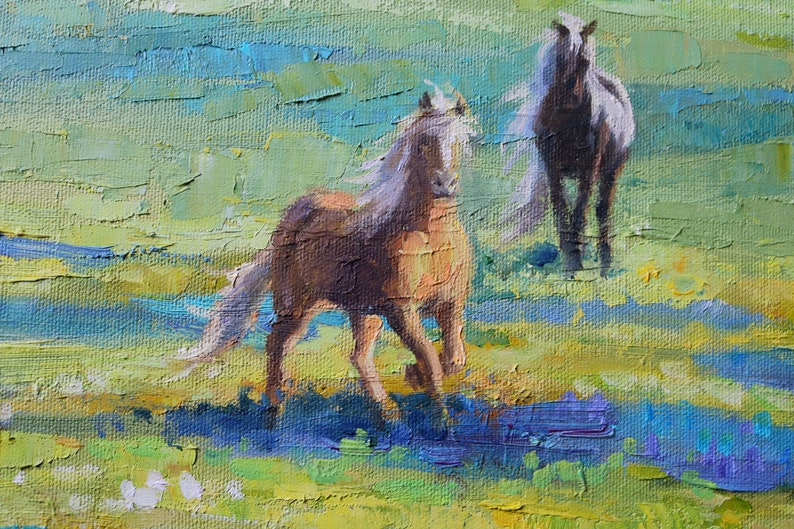 May include: An oil painting on canvas featuring two horses in a field. One brown horse with a light mane is in the foreground, while a darker horse stands behind it. The scene uses thick, textured brushstrokes in shades of green, blue, and yellow.
