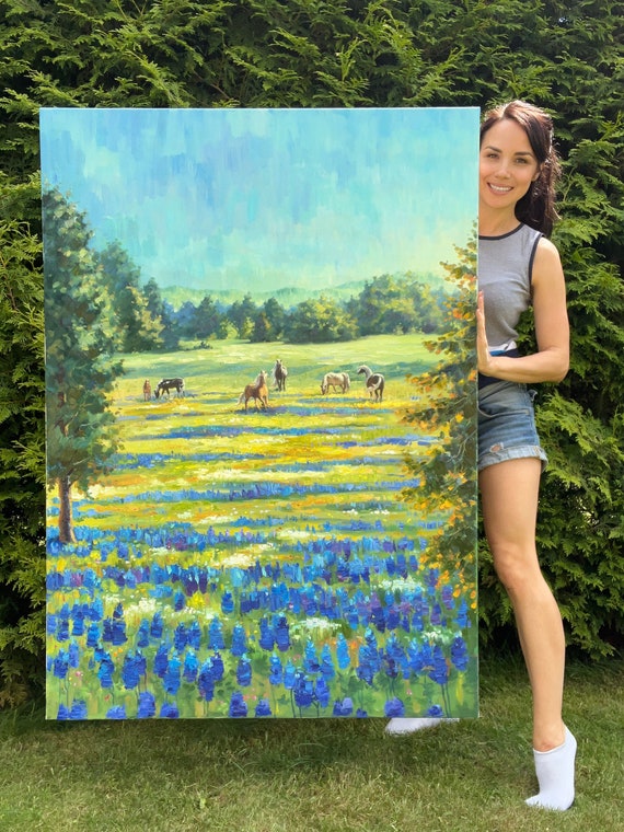Texas Bluebonnet Field Oil Painting: Horses in Meadow, Large Landscape Art (55x40")