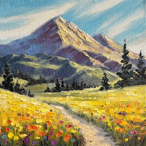 Dipinto a olio sulle Montagne Rocciose: paesaggio con prato fiorito del Colorado, 12 pollici