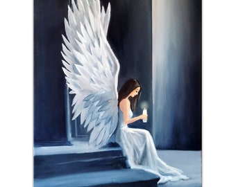 Angelo pittura donna arte originale 20 da 28" grande arte spirituale ali d'angelo parete arte pittura su tela di DianaPigniArt