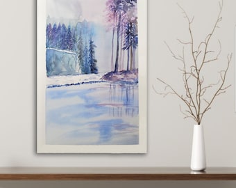 Sequoia National Park Painting Winter Original Watercolor Art California Landscape Painting Tree Wall Art 18 by 12" by Laura Pigni