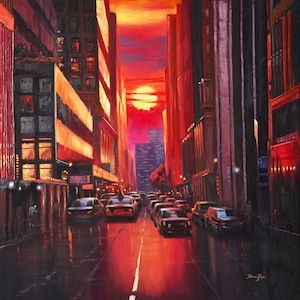 New York Oil Painting Cityscape Original Art Large 40&#39;&#39; Canvas Painting Manhattan Sunset Urban Wall Art City Cars NYC Artwork DianaPigniArt