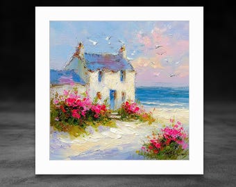 Pintura al óleo empastada de cabaña costera irlandesa - Arte original de casa de playa junto al mar - Lienzo de 30 cm