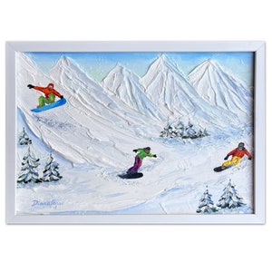 Rocky Mountain Painting Snowboard Original Art Textured Framed Impasto Oil Painting Skiing Hand Painted Landscape Art 12 x 9&quot; DianaPigniArt