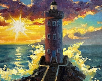 Framed Lighthouse Oil Painting: Impasto Seascape, Sunset Coastal Art