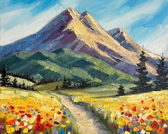 Pintura de Lone Mountain, Montana: Pintura al óleo original de impasto, obra de arte de paisaje de pradera de flores silvestres