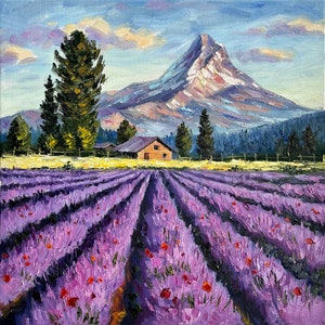 Mount Hood Painting Lavender Fields Original Art 16&quot; Oregon Oil Impasto Painting Portland Lavender Valley Farm Landscape by DianaPigniArt