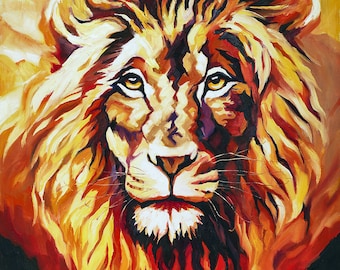 Origineel olieverfschilderij leeuwgezicht: grote Impasto-canvaskunst, 31,5"