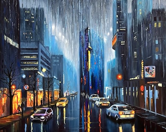 ニューヨークサイバーパンクシティスケープインパスト油絵：雨の夜の