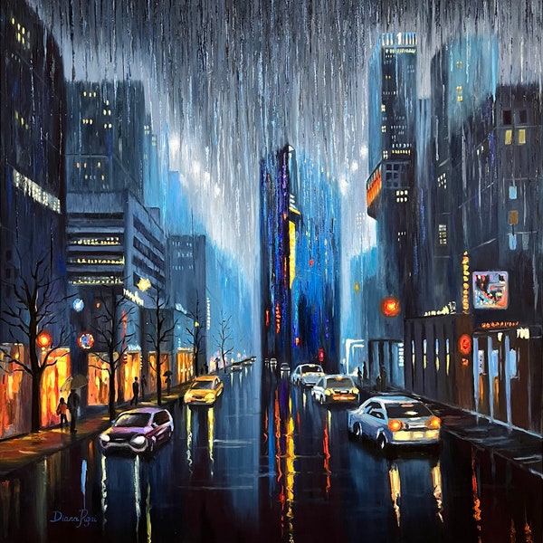 Peinture New York paysage urbain art original empâtement cyberpunk peinture à l'huile urbaine grande toile 32" nuit pluvieuse art de la ville NYC par DianaPigniArt