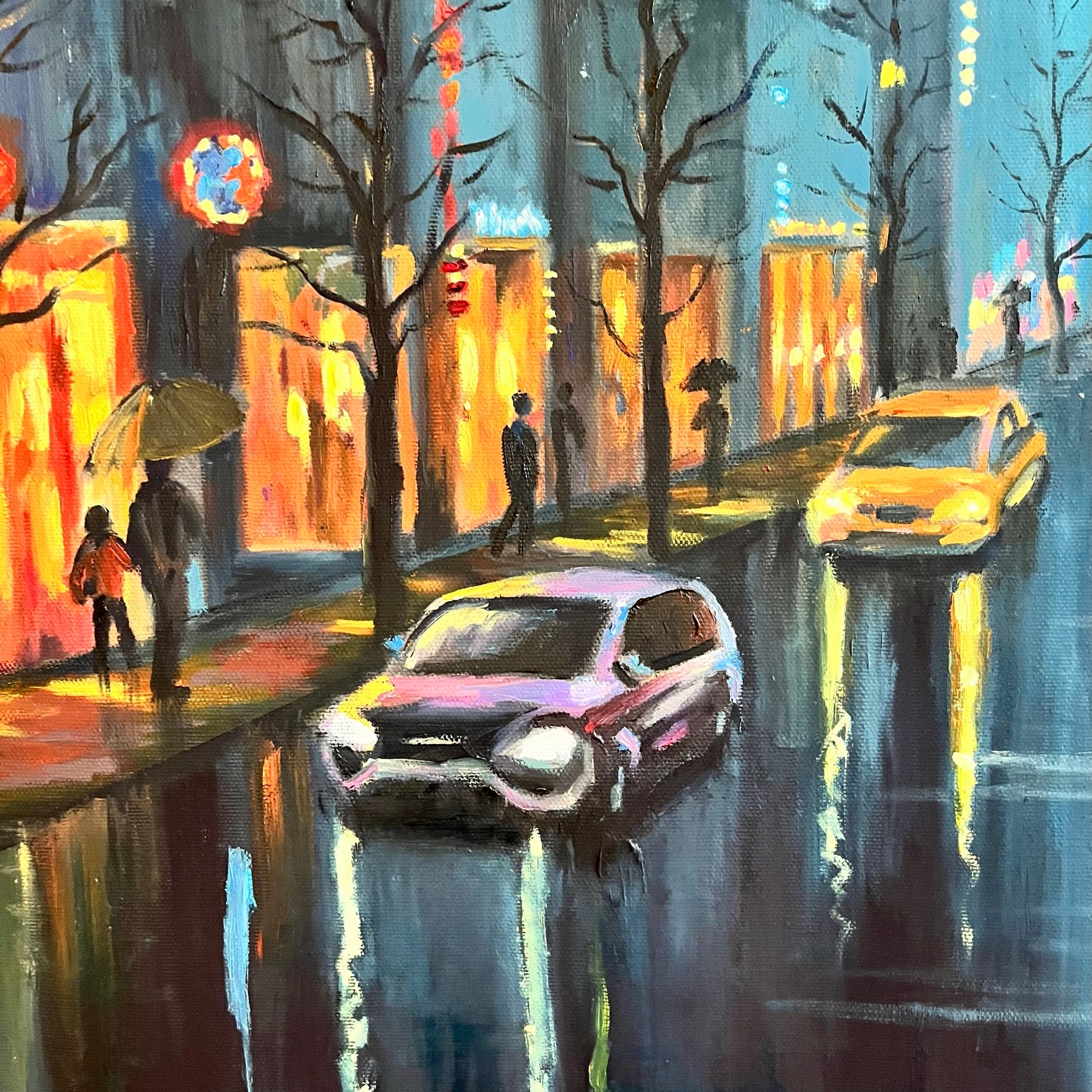 ニューヨークサイバーパンクシティスケープインパスト油絵：雨の夜の